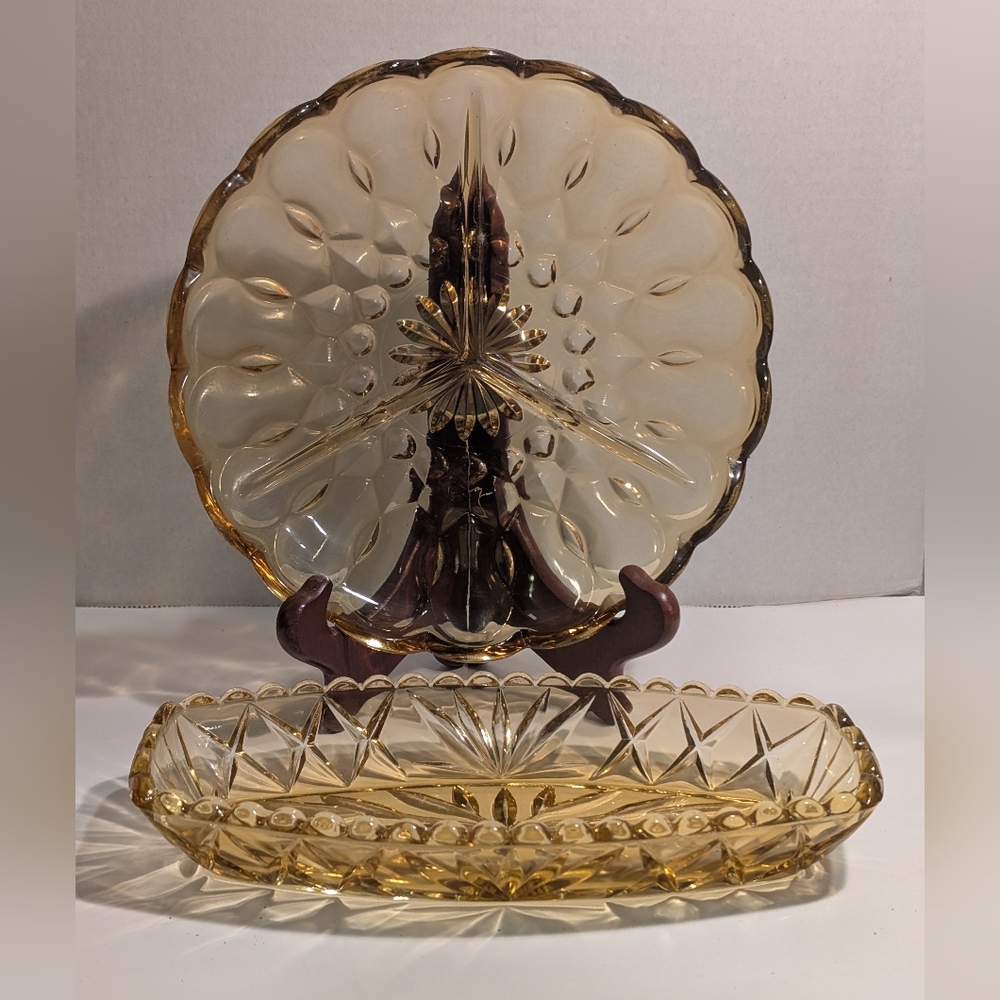 2 Amber Dishes, Atlas Glass Oval Tray & Anchor Hocking Divided Dish.